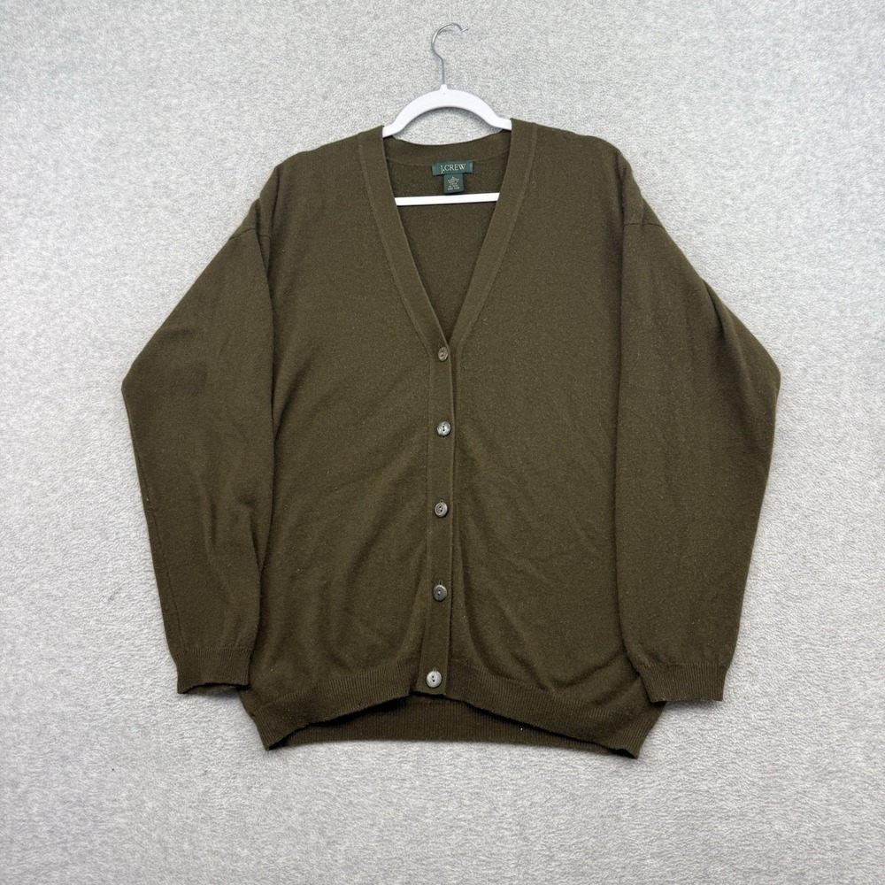 J Crew 100% Cashmere Cardigan Sweater Mens Large Pockets‎ Drab Green Knit Soft
